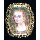 A RENAISSANCE STYLE 18CT GOLD, DIAMOND AND ENAMEL PORTRAIT OVAL PENDANT/BROOCH STAMPED 750
