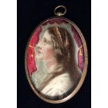 SHELLY, A 19TH CENTURY PORTRAIT MINIATURE ON IVORY Profile of a young maiden wearing a gilt