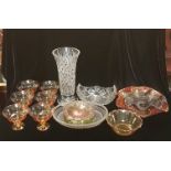 A COLLECTION OF 20TH CENTURY COLOURED AND CUT GLASS Including a large vase cut with hobnail and