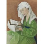 JANSEN,1965, WATERCOLOUR Portrait of a lady wearing a green robe and white scarf, framed and glazed.