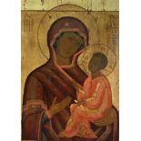 A LARGE 19TH CENTURY RUSSIAN ICON OIL ON PANEL Madonna and child wearing orange robes, initialled '