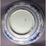 A LARGE 19TH CENTURY JAPANESE BLUE AND WHITE PORCELAIN CHARGER DISH hand painted with exotic