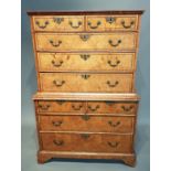 A RARE 18TH CENTURY BURR ELM CHEST ON CHEST With cushion cornice above an arrangement of four