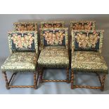 A SET OF SIX 17TH CENTURY DESIGN DINING CHAIRS In armorial tapestry upholstery, raised on walnut