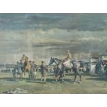 SIR ALFRED MUNNINGS, 1876 - 1959, COLOURED PRINT Horse racing scene, mounted, framed and glazed. (