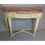 A 19TH CENTURY FRENCH CONSOLE TABLE The rouge marble top above a grey painted wooden base carved