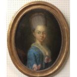 AN 18TH CENTURY OVAL OIL ON CANVAS Portrait of a lady, indistinctly inscribed in pencil verso on