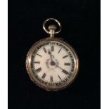 A LADIES' VICTORIAN 14CT GOLD FOB WATCH The circular white dial enamelled with a floral bouquet