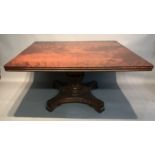 A 19TH CENTURY FLAME MAHOGANY BREAKFAST TABLE The rectangular top over a carved column support,