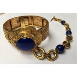 AN ITALIAN LATE 19TH CENTURY ETRUSCAN REVIVAL 14CT GOLD, LAPIS LAZULI AND DIAMOND CUFF BRACELET