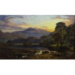 CHARLES PETTITT, 1831 - 1885, OIL ON CANVAS Titled 'Sunset in Autumn', a view of Ryndal Lake