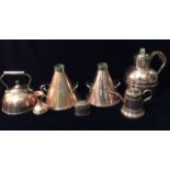 A COLLECTION OF 19TH CENTURY AND LATER COPPER ITEMS To include two triangular engine oil quart
