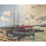 J. ALBORS, A 20TH CENTURY OIL ON CANVAS Coastal scape, view of boats at harbour, framed and