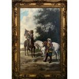 H. MARKHAM, A 19TH CENTURY OIL ON CANVAS Cavaliers with horses, decorative gilt frame. (41cm x