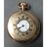 A GOLD PLATED HALF HUNTER POCKET WATCH The white enamelled dial with Arabic numeral chapter ring,