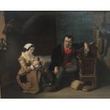 AN 18TH/19TH CENTURY CONTINENTAL SCHOOL Interior scene with solemn couple, decorative gilt frame. (