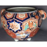 A 19TH CENTURY JAPANESE IMARI POTTERY JARDINIERE circular shape with unusual hand painted cartouches