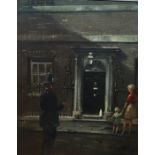 A MID 20TH CENTURY OIL ON CANVAS A view of 10 Downing Street, London, framed. (55cm x 66cm)