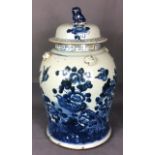 A LARGE CHINESE BLUE AND WHITE PORCELAIN JAR AND COVER Having a temple dog of fo finial and baluster