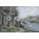 JOHN LOCHHEAD, R.B.A., 1866 - 1921, OIL ON CANVAS Ladies admiring swans at a riverside, gilt