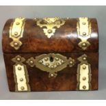 A VICTORIAN BURR WALNUT, BRASS AND IVORY TEA CADDY.