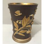 A MEIJI PERIOD BRONZE GOBLET Having gilt metal relief decoration with insects, fruit and foliage.