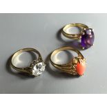 TWO VINTAGE 9CT GOLD DRESS RINGS To include a coral set ring, the cabochon cut coral flanked by