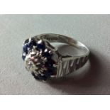 A VINTAGE 9CT WHITE GOLD, DIAMOND AND SAPPHIRE CLUSTER RING The single diamond surrounded by a row