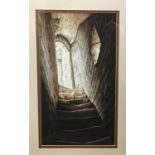 GEOFF BUTTERWORTH, A 20TH CENTURY WATERCOLOUR Titled 'ASCENT FROM DARKNESS', depicting an ancient