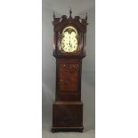A 19TH CENTURY FLAME MAHOGANY GRANDFATHER CLOCK With swan neck pediment over a painted arch dial