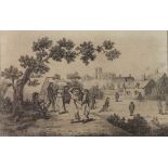 EARLY CRICKET, A COPPER PLATE ENGRAVING Of a village green featuring a game of cricket with