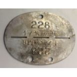 A WORLD WAR II GERMAN 'SS TOTENKOPFSTANDARTE 14' ALUMINIUM DOG TAG SS Infantry from concentration