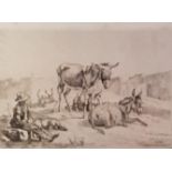 ANTOINE-JEAN DUCLAUX, 1783 - 1868, A BLACK AND WHITE ETCHING Seated peasant with donkeys. (40cm x