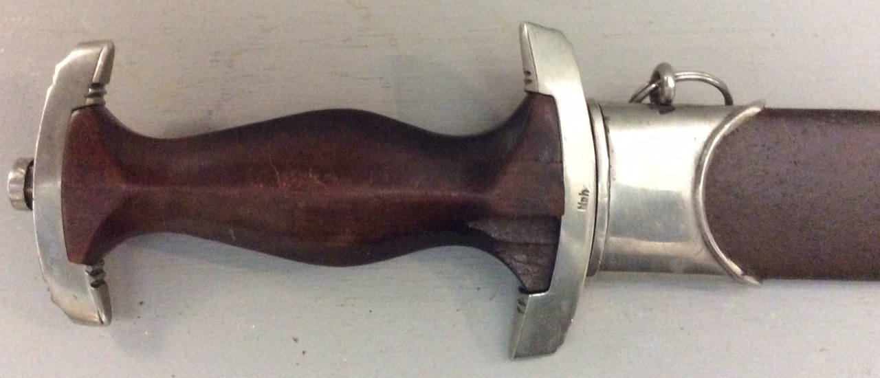 A WORLD WAR II GERMAN SA DAGGER Brown wooden grip with solid nickel fittings and brown leather - Image 4 of 10