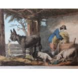 GEORGE MORLAND, 1763 - 1804, A COLOURED ENGRAVING 'Ass and Pigs', interior barn scene, published