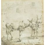 KAREL DUJARDIN, DUTCH, 1622 - 1678, A BLACK AND WHITE ENGRAVING Two donkeys, signed with initials,