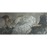 SIR WILLIAM RUSSELL FLINT, COLOURED PRINT Semiclad Spanish lady reclining in a silver dress,