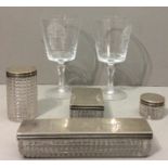 A VICTORIAN SILVER AND CUT GLASS TRINKET SET Each silver lid bearing the monogram, hallmarked