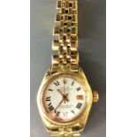 ROLEX, OYSTER PERPETUAL DATEJUST, A LADIES' 18CT GOLD WRISTWATCH Circular white dial with calendar