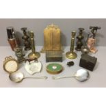 A MISCELLANEOUS SELECTION OF METALWARE ITEMS To include a pair of brass candlesticks decorated