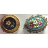 A 19TH CENTURY CONTINENTAL YELLOW METAL AND PIETRA DURA PENDANT With fine filigree decoration to rim