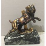 A 19TH CENTURY BRONZE STATUE OF A PITBULL On a green marble base. (10cm x 9.5cm including base)