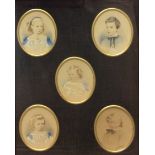 A COLLECTION OF FIVE VICTORIAN OVAL MINIATURE PRINTS Portraits of children, each highlighted in pale