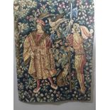 A 16TH CENTURY DESIGN TAPESTRY WALL HANGING Depicted as huntsmen amongst birds and foliage on a blue