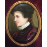 A 19TH CENTURY OVAL MINIATURE PORTRAIT ON PORCELAIN Young man in Elizabethan dress, contained in a