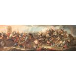 A PAIR OF CONTINENTAL SCHOOL OILS ON CANVAS Medieval battle scenes, unframed. (140cm x 39.5cm)