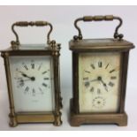 TWO LATE 19TH/EARLY 20TH CENTURY GILDED BRASS CARRIAGE CLOCKS One having a subsidiary dial. (largest