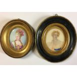 AN 18TH/19TH CENTURY OVAL MINIATURE PORTRAIT ON TIN A lady, along with an early 19th Century oval