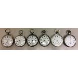 A COLLECTION OF SIX VICTORIAN AND LATER OPEN FACED SILVER POCKET WATCHES To include John Myers &