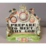 A RARE EARLY 19TH CENTURY POTTERY FLATBACK CLOCK ORNAMENT 'Prepare to Meet Thy God'. (27cm x 26cm)